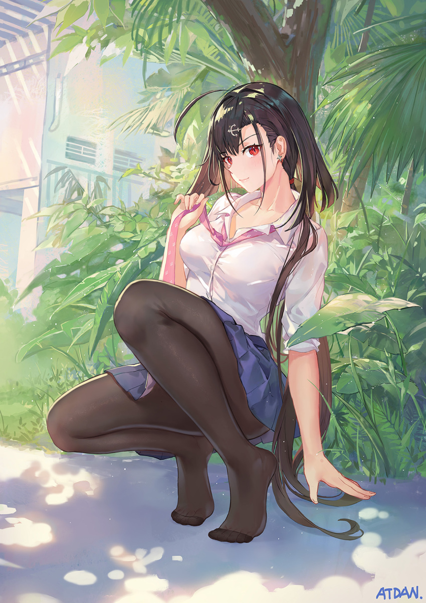 1girl ahoge anchor_hair_ornament artist_name atdan azur_lane black_hair black_legwear blue_skirt blush breasts closed_mouth collarbone collared_shirt commentary_request convenient_leg day earrings fine_fabric_emphasis full_body hair_ornament hand_up highres independence_(azur_lane) jewelry large_breasts light_particles long_hair looking_at_viewer miniskirt nature no_shoes outdoors pantyhose pink_neckwear pleated_skirt red_eyes shirt skirt sleeves_pushed_up slit_pupils smile solo squatting tree tree_shade very_long_hair white_shirt