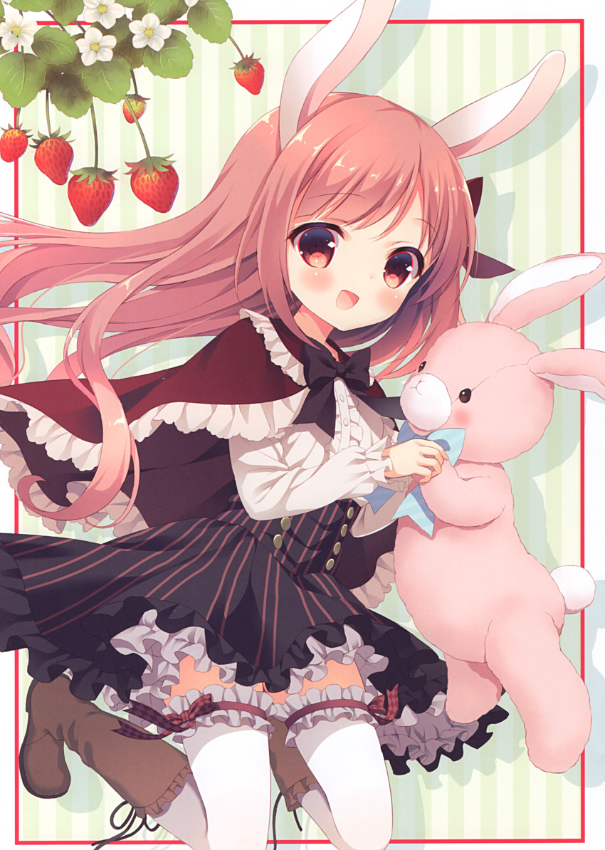 1girl :d absurdres animal_ears bangs black_bow black_skirt blue_bow blush boots bow brown_footwear capelet center_frills chitosezaka_suzu eyebrows_visible_through_hair flower food frilled_capelet frilled_legwear frills fruit hair_bow highres holding holding_stuffed_animal knee_boots long_hair looking_at_viewer open_mouth original pink_hair rabbit_ears red_bow red_capelet red_eyes shirt skirt smile solo strawberry strawberry_blossoms striped striped_background stuffed_animal stuffed_bunny stuffed_toy thigh-highs vertical-striped_background vertical-striped_skirt vertical_stripes very_long_hair white_flower white_legwear white_shirt