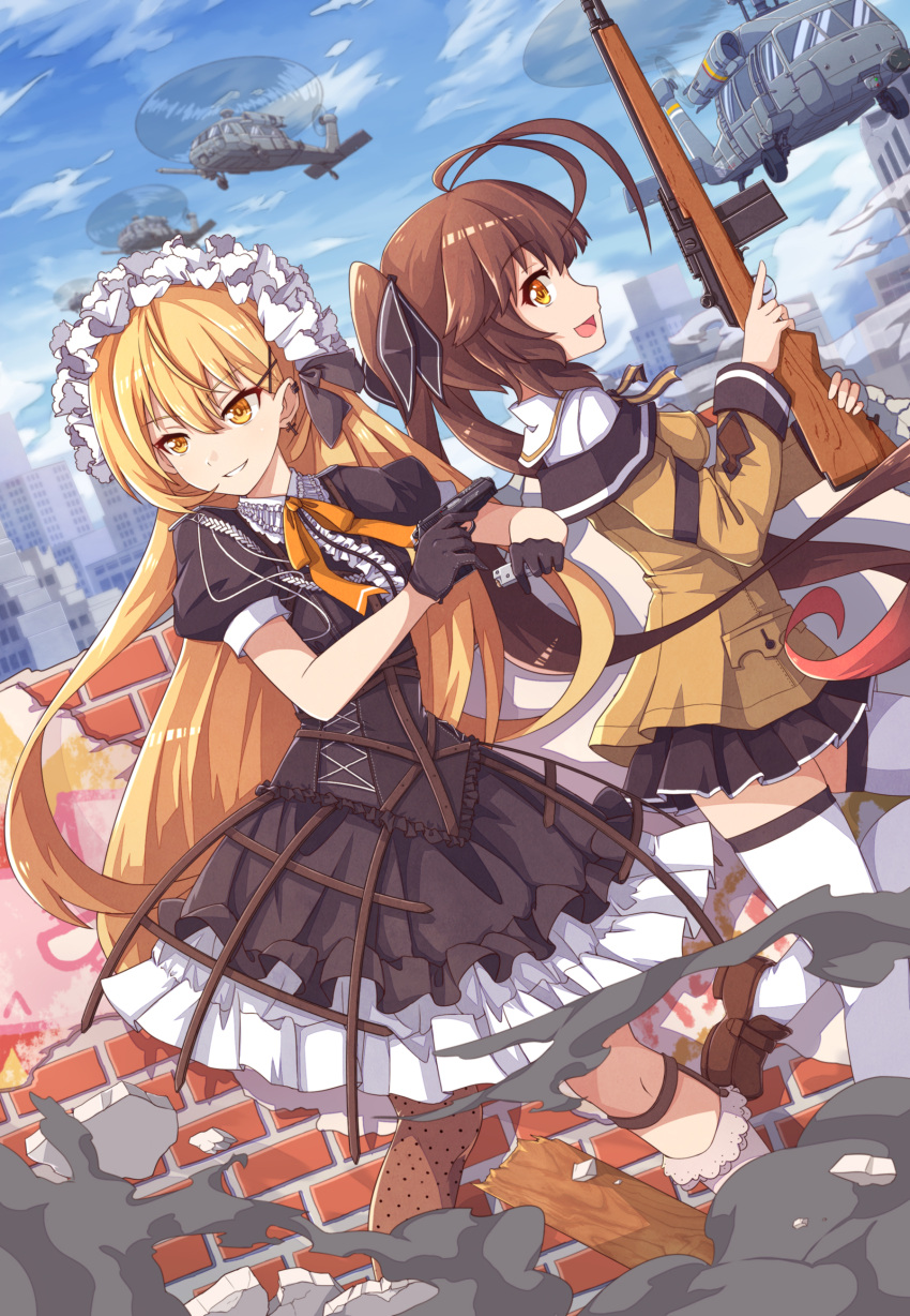 2girls absurdres ahoge aircraft battle_rifle blonde_hair brown_hair commentary earrings frills girls_frontline grin gun handgun helicopter highres jewelry kaiyi looking_at_viewer looking_back m14 m14_(girls_frontline) magazine_(weapon) maid_headdress multiple_girls off_shoulder pantyhose pistol polka_dot polka_dot_legwear ppk_(girls_frontline) rifle single_earring skirt smile thigh-highs trigger_discipline twintails walther walther_ppk weapon yellow_eyes