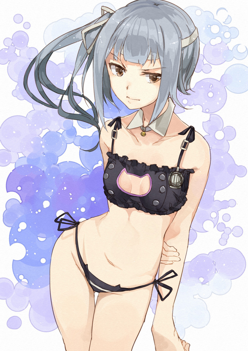 1girl absurdres adapted_costume alternate_costume arms_behind_back bell black_bra black_panties bra brown_eyes cat_cutout cat_ear_panties cat_lingerie cleavage_cutout collarbone cowboy_shot detached_collar frilled_bra frills grey_hair highres jingle_bell kanmiya_shinobu kantai_collection kasumi_(kantai_collection) long_hair meme_attire navel panties searchlight side-tie_panties side_ponytail solo standing thigh_gap underwear