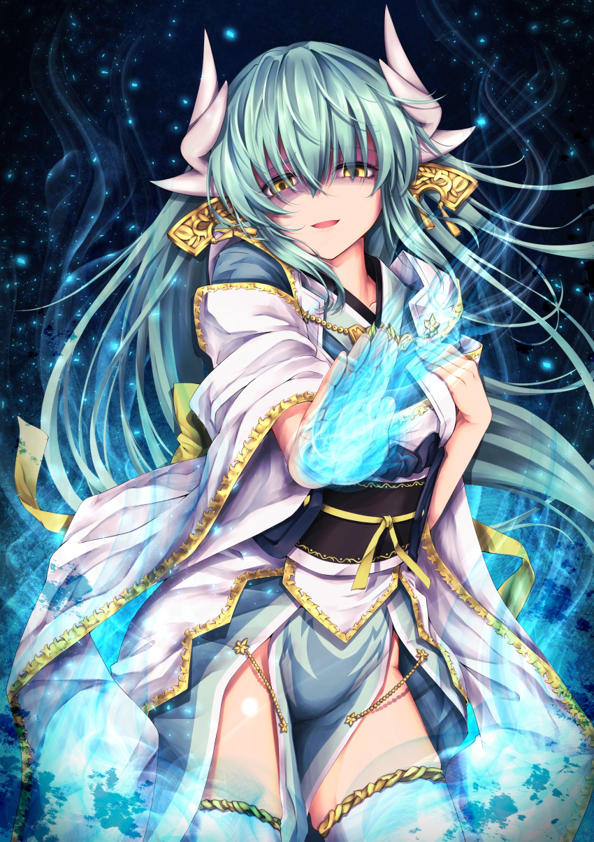 1girl absurdres aqua_hair aura bangs blush breasts cowboy_shot dragon_horns eyebrows_visible_through_hair fate/grand_order fate_(series) floating_hair hair_between_eyes hand_on_own_chest highres horns japanese_clothes kimono kiyohime_(fate/grand_order) kuromu large_breasts light_particles long_hair looking_at_viewer obi open_mouth pelvic_curtain sash shaded_face sidelocks smile solo thigh-highs very_long_hair white_kimono white_legwear wide_sleeves yandere yellow_eyes