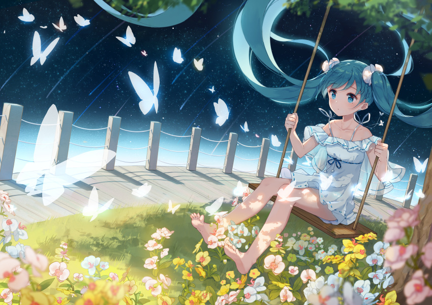 1girl absurdres aqua_eyes aqua_hair bangs barefoot collarbone dress dutch_angle eyebrows_visible_through_hair feet floating_hair flower full_body grass hatsune_miku highres long_hair outdoors scrunchie sky solo star_(sky) starry_sky swing swinging tree twintails very_long_hair vocaloid white_dress yue_yue