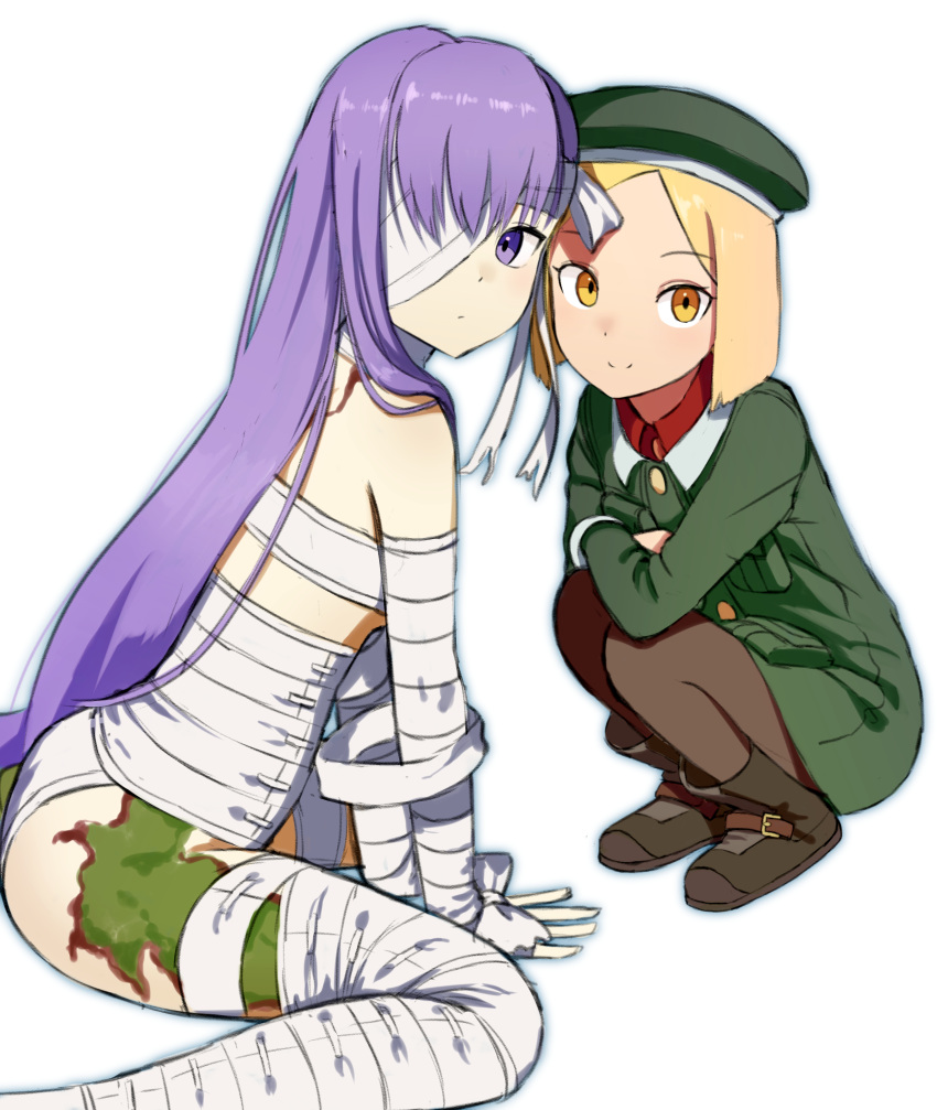 2girls absurdres arm_support bandage bandage_over_one_eye bandaged_arm bandaged_head bandaged_leg bandages bangs beret blonde_hair boots brown_footwear brown_legwear closed_mouth collared_jacket collared_shirt commentary_request eyebrows_visible_through_hair fate/grand_order fate_(series) green_hat green_jacket hair_between_eyes hat highres jacket kingprotea long_hair moss multiple_girls pantyhose parted_bangs paul_bunyan_(fate/grand_order) purple_hair red_shirt sanbe_futoshi shirt sitting smile squatting very_long_hair violet_eyes wariza white_background yellow_eyes