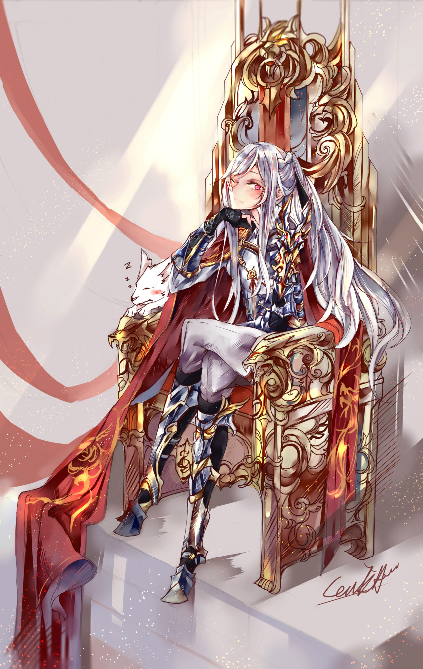 1girl absurdres ak-12_(girls_frontline) arm_support armor bangs boots braid cape chin_rest closed_mouth cocoka commentary_request eyebrows_visible_through_hair french_braid gauntlets girls_frontline glowing highres legs_crossed long_hair looking_at_viewer one_eye_closed ribbon sidelocks silver_hair sitting sleeping solo throne very_long_hair violet_eyes wolf