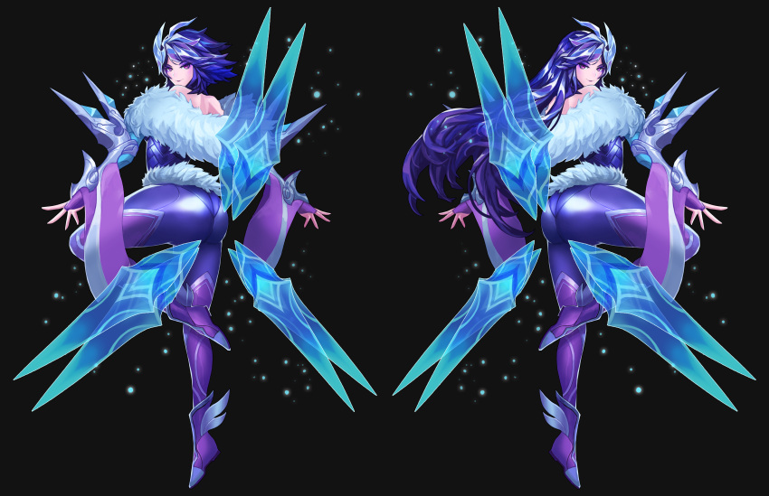 2girls absurdres ass black_background blue_hair drogod dual_persona floating_swords frostblade_irelia highres irelia league_of_legends leg_lift long_hair looking_at_viewer looking_back multiple_girls short_hair simple_background skin_tight tagme violet_eyes