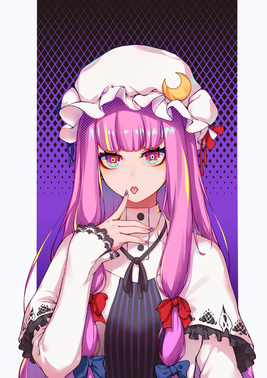 1girl absurdres bangs blue_bow blue_ribbon bow capelet commentary crescent dress fei_mao finger_licking frilled_capelet frills hair_bow hat hat_ribbon highres lace-trimmed_sleeves licking long_hair long_sleeves looking_at_viewer mob_cap nail_polish open_mouth patchouli_knowledge purple_hair purple_nails red_bow red_ribbon ribbon ringed_eyes sleeves_past_wrists solo striped striped_dress tongue tongue_out touhou upper_body very_long_hair violet_eyes white_capelet white_hat