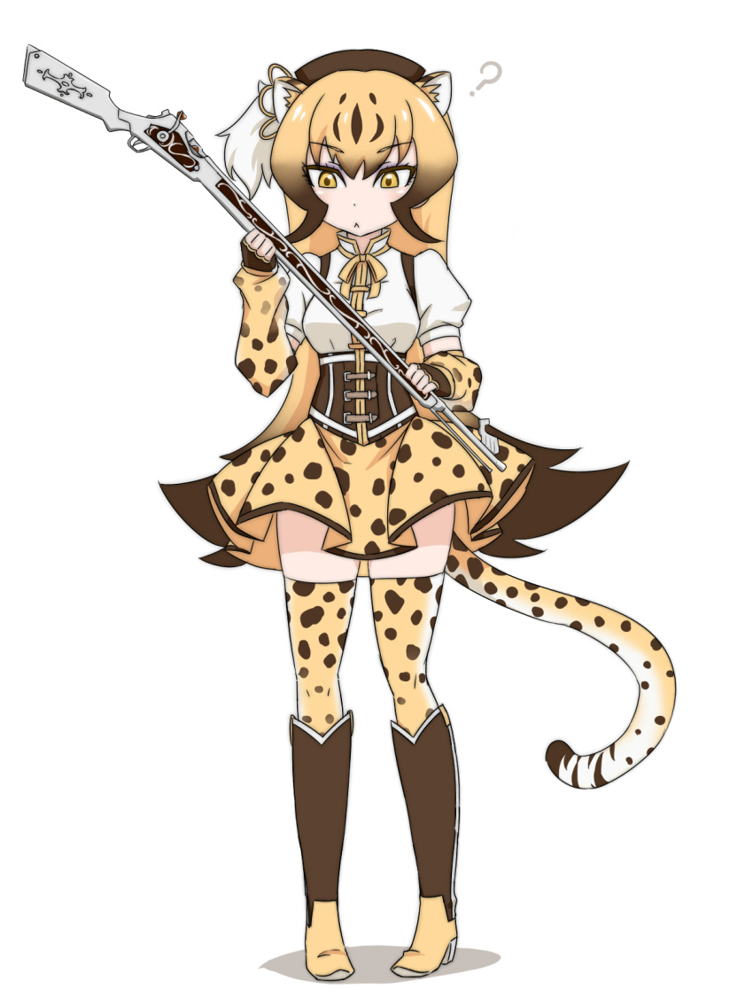 1girl :&lt; ? animal_ears animal_print bangs beret blonde_hair boots cheetah_(kemono_friends) cheetah_ears cheetah_print cheetah_tail closed_mouth corset cosplay detached_sleeves extra_ears eyebrows_visible_through_hair fingerless_gloves flipped_hair full_body gloves gun hat highres holding holding_gun holding_weapon kemono_friends long_hair looking_down magical_girl magical_musket mahou_shoujo_madoka_magica mizuhashi_kaori multicolored_hair neck_ribbon print_legwear print_skirt print_sleeves puffy_sleeves ribbon rifle seiyuu_connection sidelocks simple_background skirt solo standing tail thigh-highs tomoe_mami tomoe_mami_(cosplay) tsukushi_(741789) tsurime two-tone_hair very_long_hair weapon white_background yellow_eyes zettai_ryouiki