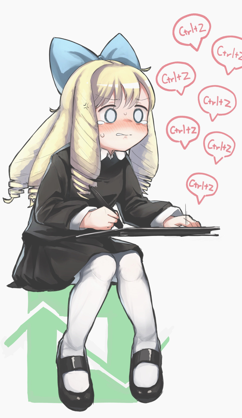 1girl absurdres alenka anger_vein bangs black_footwear black_skirt blonde_hair blue_bow blush bow commentary_request drill_hair eyebrows_visible_through_hair full_body hair_bow highres long_hair long_sleeves original pantyhose skirt solo stylus white_background white_legwear