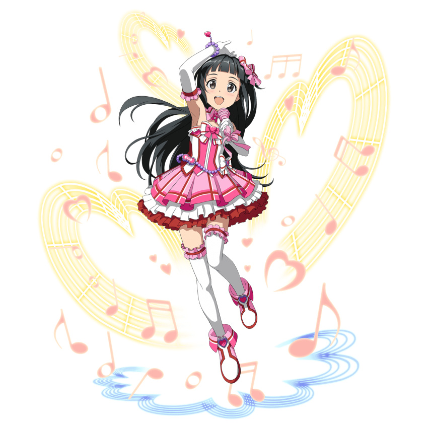 1girl :d arm_up armpits bangs black_eyes black_hair blunt_bangs bracelet elbow_gloves floating_hair frilled_gloves frills full_body gloves heart highres holding holding_microphone idol jewelry layered_skirt long_hair looking_at_viewer microphone miniskirt musical_note official_art open_mouth shiny shiny_hair skirt sleeveless smile solo sword_art_online thigh-highs transparent_background very_long_hair white_gloves white_legwear yui_(sao)