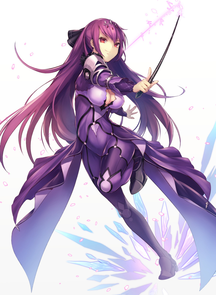 1girl bangs black_bow bodysuit bow breasts center_opening cleavage dress fate/grand_order fate_(series) full_body garter_straps hair_bow high-waist_skirt highres holding holding_wand large_breasts long_hair looking_at_viewer magic omoti_(1201208) petals purple_bodysuit purple_dress purple_footwear purple_hair purple_skirt red_eyes runes scathach_(fate)_(all) scathach_skadi_(fate/grand_order) shoulder_armor showgirl_skirt skirt smile smug standing standing_on_one_leg thigh-highs tiara very_long_hair wand