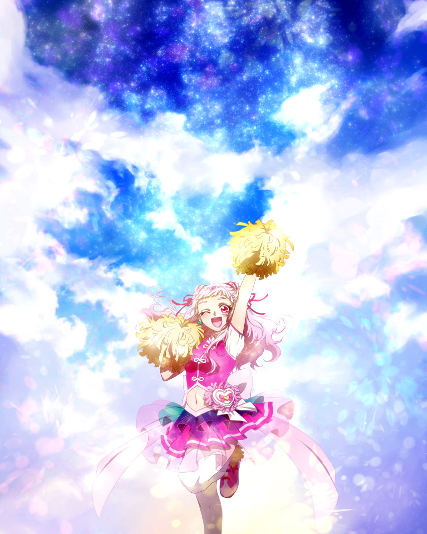 1girl ;d absurdres arm_up confettocandy cure_yell double_bun earrings floating_hair hair_ribbon highres hugtto!_precure jewelry layered_skirt leg_up long_hair midriff miniskirt navel nono_hana one_eye_closed open_mouth pink_eyes pink_hair pink_skirt pleated_skirt pom_poms precure red_ribbon ribbon skirt smile solo standing standing_on_one_leg stomach white_legwear