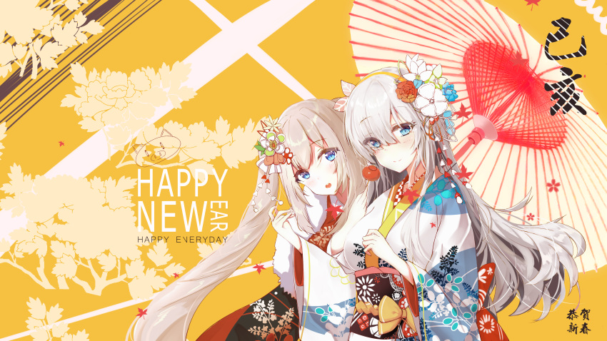 2girls absurdres anastasia_(fate/grand_order) blue_eyes eyes_visible_through_hair fate/grand_order fate_(series) flower hair_flower hair_ornament hair_over_one_eye hairband happy_new_year highres japanese_clothes kimono long_hair marie_antoinette_(fate/grand_order) multiple_girls nengajou new_year translated twintails umbrella yue_(qtxyjiang)
