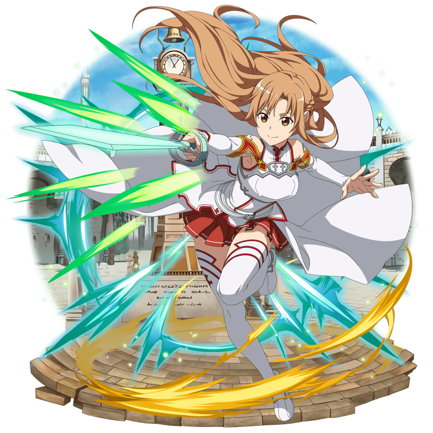 1girl asuna_(sao) boots breastplate brown_eyes brown_hair detached_sleeves floating_hair highres holding holding_sword holding_weapon leg_up long_hair long_sleeves miniskirt outstretched_arm pleated_skirt red_skirt shiny shiny_hair skirt smile solo standing sword sword_art_online thigh-highs thigh_boots very_long_hair weapon white_footwear white_sleeves zettai_ryouiki