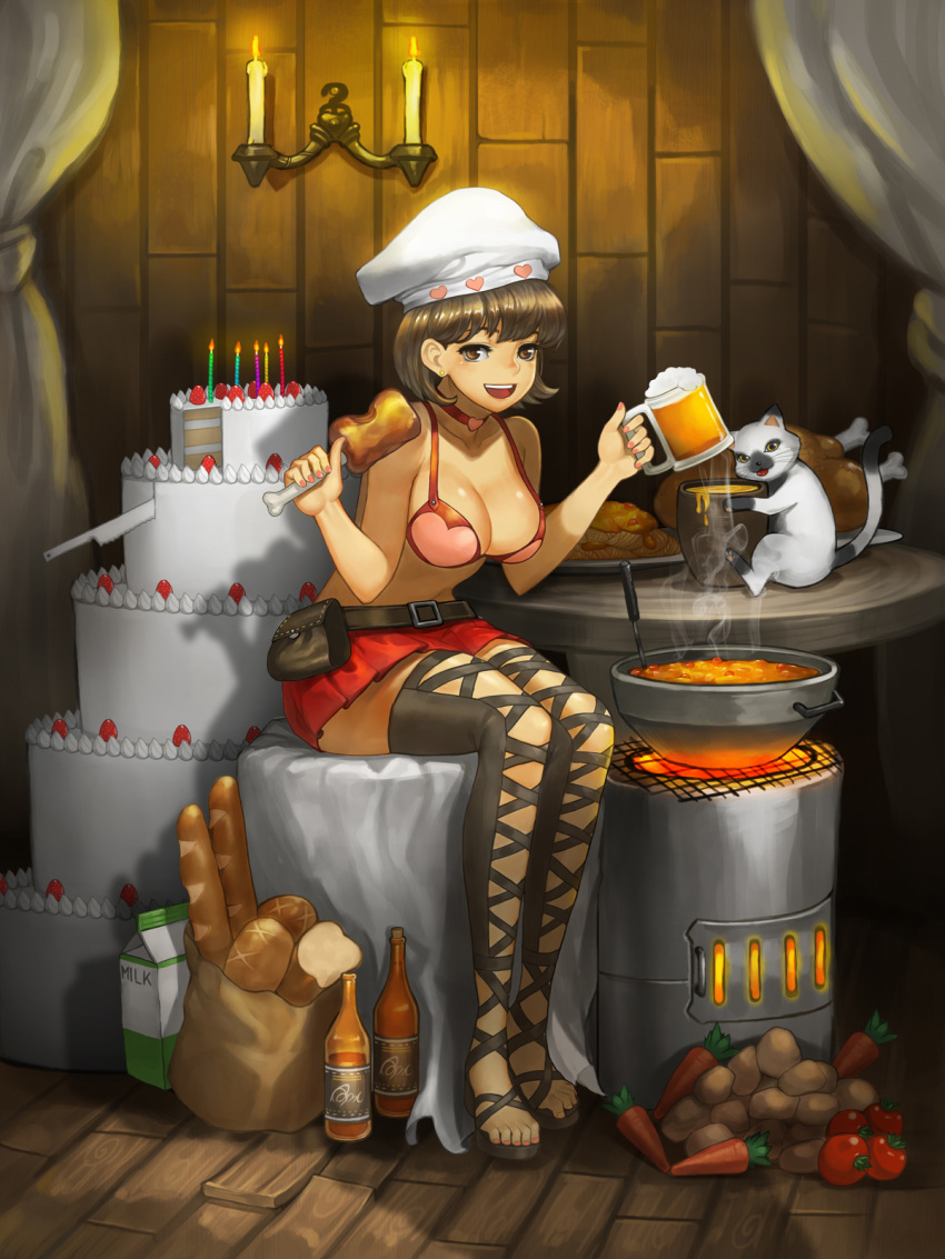 1girl :d bangs belt belt_pouch boots bottle bread breasts brown_eyes brown_hair cake candle carrot cat choker cleavage collarbone cookie earrings eating food fried_chicken fruit full_body graphite_(medium) gurimjang heart heart_choker heart_print highres jewelry kitchen_knife large_breasts leaning_forward looking_at_viewer meat mechanical_pencil milk_carton miniskirt open_mouth original pasta pencil pink_bikini_top pleated_skirt pot potato pouch red_choker red_skirt short_hair sitting skirt smile solo stove strawberry stud_earrings table thigh-highs thigh_boots toenail_polish traditional_media wooden_floor
