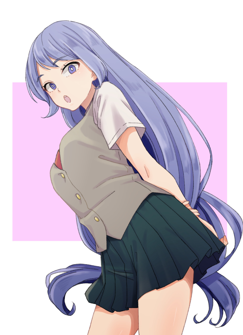 1girl :o arms_behind_back black_skirt blue_eyes boku_no_hero_academia breasts commentary_request drill_hair eyebrows_visible_through_hair from_below hadou_nejire hanamame highres large_breasts light_blue_hair long_hair looking_at_viewer pleated_skirt school_uniform shirt short_sleeves simple_background skirt solo sweater_vest upper_teeth very_long_hair white_shirt