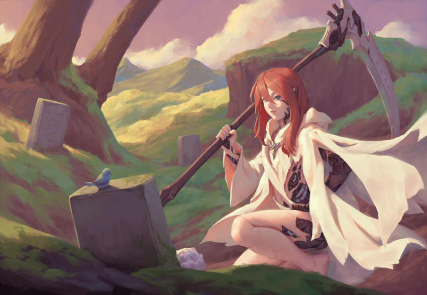 1girl barefoot bigrbear bird blue_eyes cloak clouds commentary cyborg english_commentary hairband highres hill holding hood hooded_cloak long_hair long_sleeves morning one_knee original outdoors parted_lips parts_exposed pointy_ears purple_sky redhead robot_joints scythe smile solo sunlight tombstone torn_cloak torn_clothes tree wide_sleeves