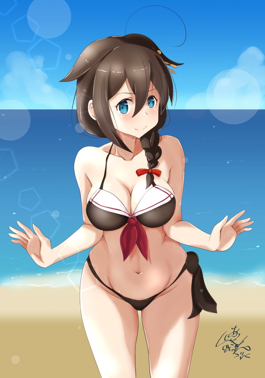 1girl absurdres adapted_costume ahoge beach bikini black_hair black_serafuku blue_eyes blue_sky braid breasts cleavage cowboy_shot day dragonoil front-tie_top gradient_sky hair_flaps hair_over_shoulder highres kantai_collection leaning_forward lens_flare looking_at_viewer outdoors remodel_(kantai_collection) school_uniform serafuku shigure_(kantai_collection) side-tie_bikini single_braid sky solo swimsuit