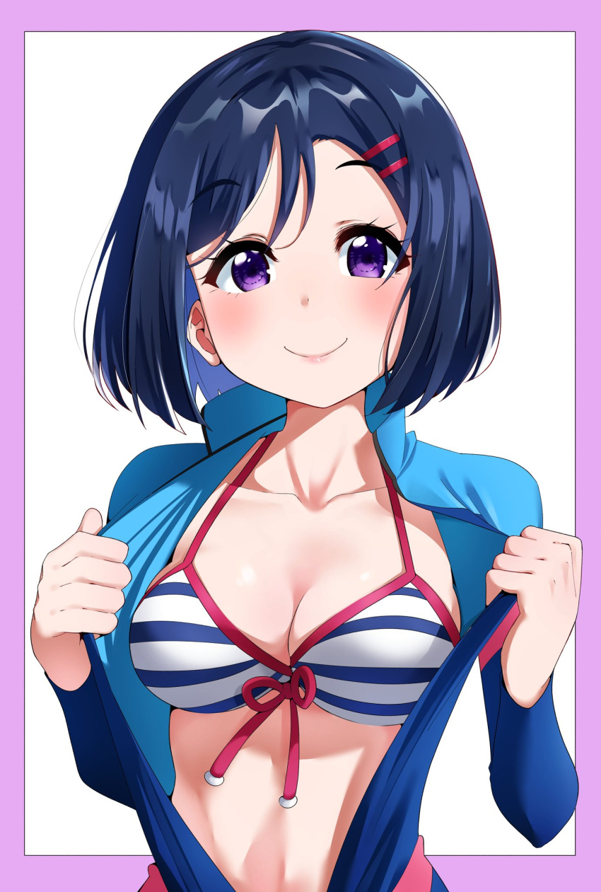 1girl bikini blue_hair blush breasts collarbone commentary_request front-tie_bikini front-tie_top hair_ornament hairclip highres igarashi_kyouhei looking_at_viewer love_live! love_live!_sunshine!! matsuura_kanan open_clothes open_wetsuit smile solo striped striped_bikini swimsuit upper_body violet_eyes white_background