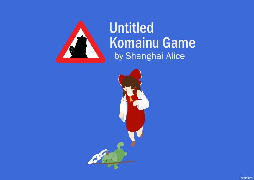 absurdres blue_background crossover curly_hair detached_sleeves english_text gohei green_fur hair_ornament hakurei_reimu highres horn komainu komano_aun komano_aun_(komainu) minimalism nontraditional_miko senatorsnowbear touhou untitled_goose_game