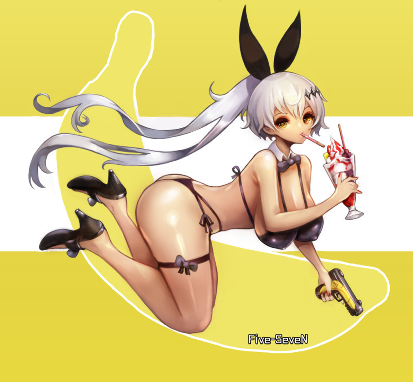 1girl banana bikini black_bikini breasts brown_eyes five-seven_(girls_frontline) food fruit girls_frontline grey_hair gun high_heels large_breasts long_hair notte parfait ponytail solo strawberry_pocky swimsuit very_long_hair weapon