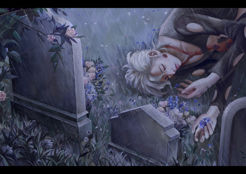 1boy absurdres bishounen blonde_hair earrings expressionless eyelashes fingernails flower food_print food_themed_earrings grass graveyard highres holding holding_flower jewelry jojo_no_kimyou_na_bouken koha_(xxkohaku) letterboxed lips lying necktie on_side pannacotta_fugo pink_flower pink_rose rain red_neckwear rose short_hair solo strawberry_earrings strawberry_print suit_jacket tombstone torn_clothes unconscious upper_body vento_aureo wavy_hair