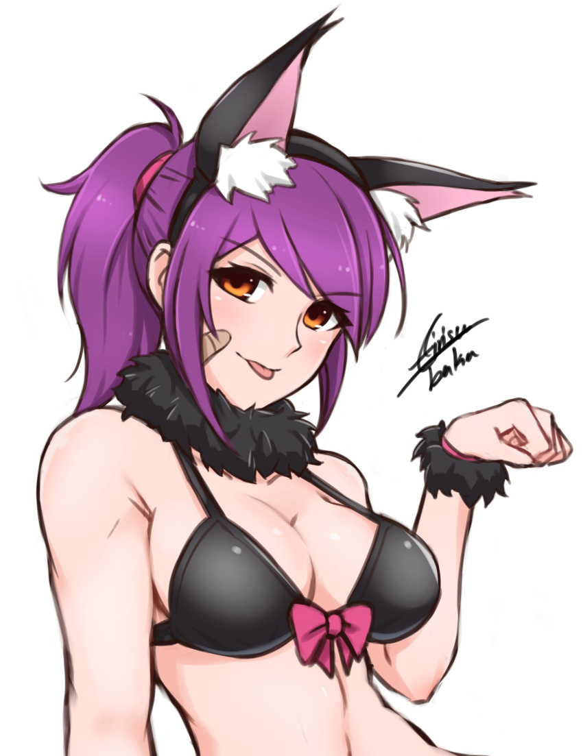 1girl absurdres airisubaka animal_ears artist_name bandage_on_face blush bow breasts brown_eyes cat_ears cleavage closed_mouth collarbone eyebrows_visible_through_hair fake_animal_ears hairband highres large_breasts looking_at_viewer original red_bow scrunchie short_hair short_ponytail signature simple_background smile solo tongue tongue_out upper_body white_background