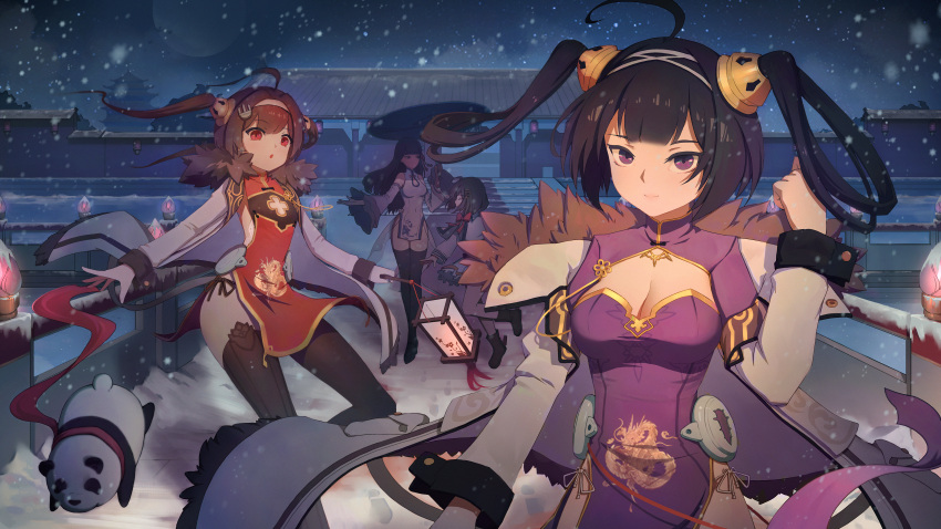 4girls absurdres ahoge anchor_hair_ornament azur_lane bangs black_hair black_legwear blunt_bangs blush breasts brown_hair china_dress chinese_clothes cleavage cleavage_cutout closed_eyes closed_mouth detached_sleeves dress eyebrows_visible_through_hair flower fur-trimmed_jacket fur_trim hair_between_eyes hair_flower hair_ornament hair_rings hairband hairclip hairpods hand_up highres holding holding_umbrella huge_filesize jacket long_hair long_sleeves looking_at_another looking_at_viewer medium_breasts moonofmonster multiple_girls ning_hai_(azur_lane) open_mouth outdoors panda pelvic_curtain ping_hai_(azur_lane) purple_dress red_dress red_eyes short_hair slit_pupils small_breasts smile tai_yuan_(azur_lane) thigh-highs twintails umbrella violet_eyes white_dress white_hairband white_jacket wide_sleeves yat_sen_(azur_lane)