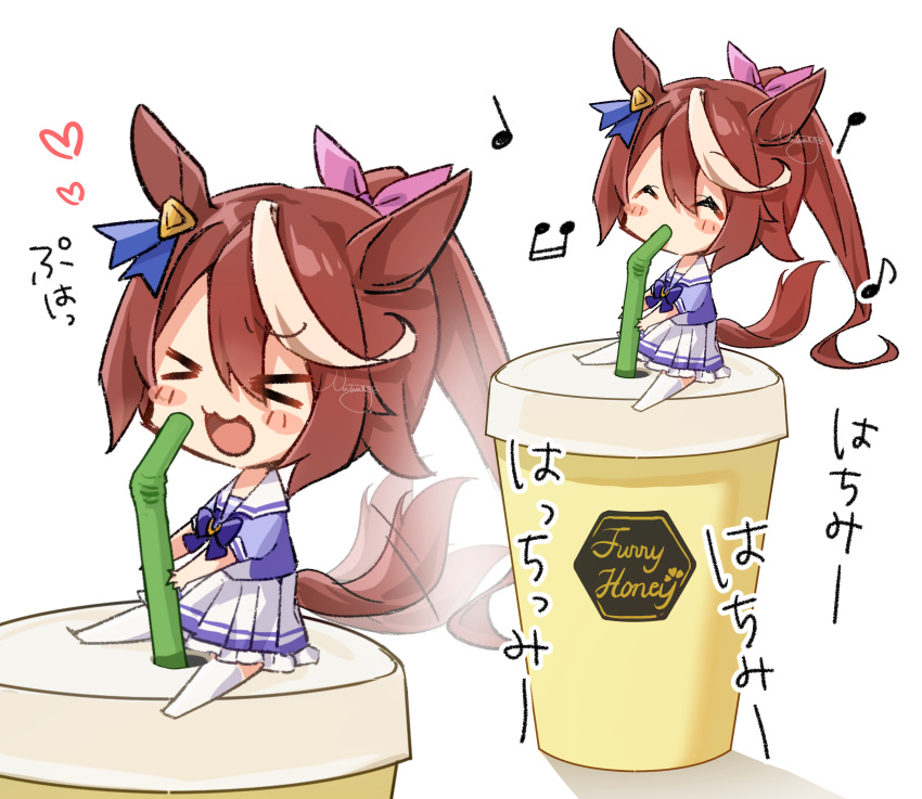 &gt;_&lt; 1girl animal_ears artist_name beamed_sixteenth_notes blush brown_hair chibi closed_eyes drink drinking_straw drinking_straw_in_mouth eighth_note eyebrows_visible_through_hair hair_between_eyes heart highres horse_ears horse_girl horse_tail long_hair multicolored_hair multiple_views musical_note nut_megu open_mouth pleated_skirt ponytail puffy_short_sleeves puffy_sleeves quarter_note school_uniform short_sleeves signature simple_background skirt smile tail thigh-highs tokai_teio_(umamusume) tracen_school_uniform two-tone_hair umamusume white_background white_hair white_legwear white_skirt