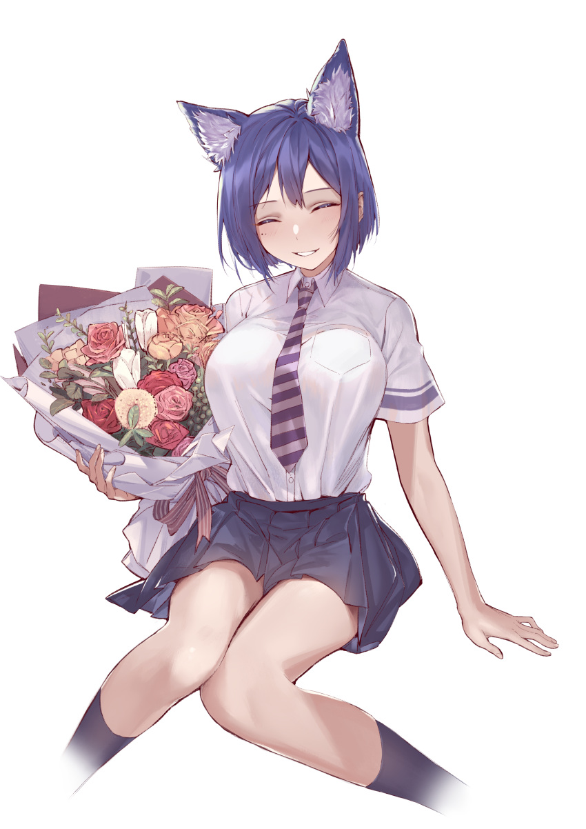 1girl absurdres animal_ear_fluff animal_ears arm_support black_legwear blue_hair blue_skirt bouquet breast_pocket breasts cat_ears collared_shirt dress_shirt facing_viewer fading flower grin highres holding holding_bouquet kemonomimi_mode kneehighs large_breasts miniskirt mole mole_under_eye necktie nijisanji nishiro_ryoujin orange_flower pink_flower pleated_skirt pocket red_flower rose shirt shirt_tucked_in shizuka_rin short_hair short_sleeves sidelocks simple_background skirt smile solo striped striped_neckwear virtual_youtuber white_background white_shirt yellow_eyes yellow_flower