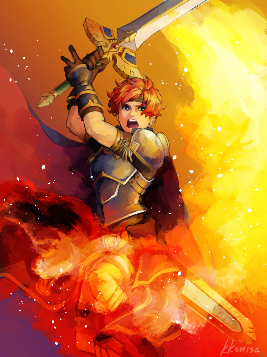 1boy absurdres armor blue_eyes blue_hair cape fire fire_emblem fire_emblem:_fuuin_no_tsurugi gloves headband highres kkonisa looking_at_viewer male_focus nintendo open_mouth redhead roy_(fire_emblem) short_hair simple_background solo weapon