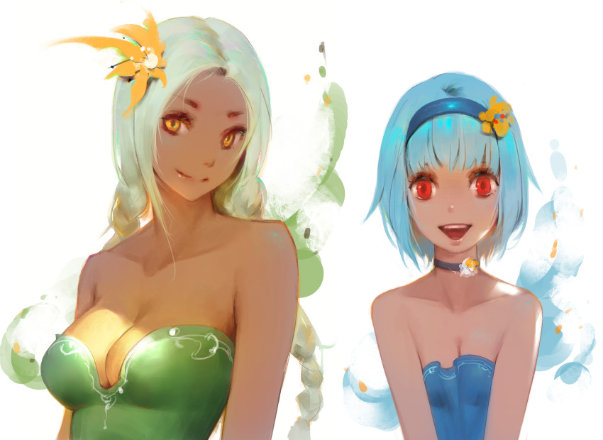 2girls absurdres aqua_hair arms_at_sides bangs bare_arms bare_shoulders blue_dress blue_hairband braid breasts cleavage closed_mouth collarbone dako6995 dark_skin dress female flower green_dress green_hair hair_flower hair_ornament hairband happy highres jewelry lips long_hair looking_at_viewer low_twin_braids medium_breasts multiple_girls neck necklace open_mouth orange_eyes orange_flower original red_eyes round_teeth shade short_hair side-by-side small_breasts smile strapless strapless_dress teeth twin_braids upper_body upper_teeth v_arms white_background