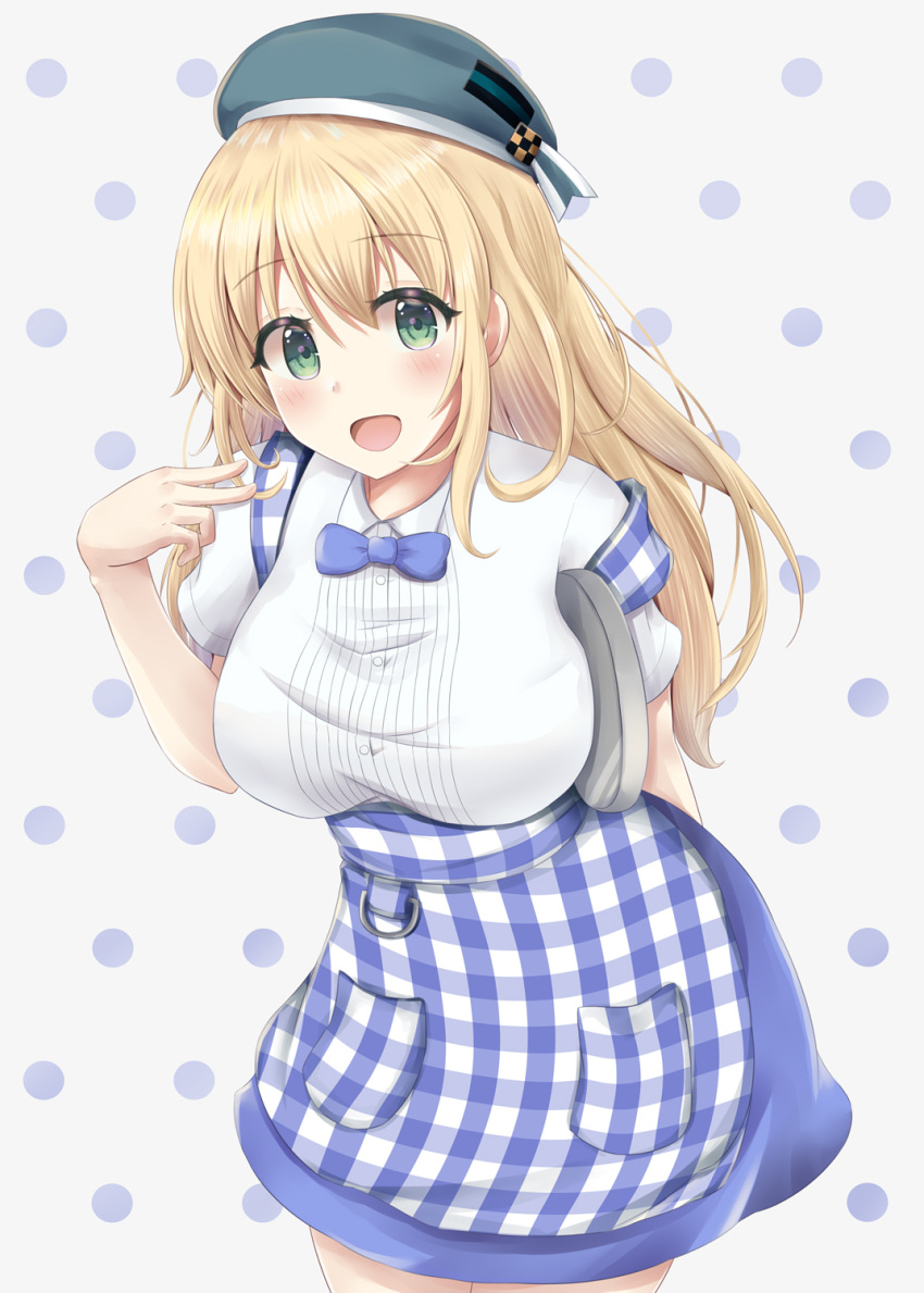 1girl alternate_costume apron atago_(kantai_collection) beret blonde_hair blue_hat breasts cowboy_shot dotted_background employee_uniform green_eyes hat highres kantai_collection kobeya koubeya_uniform large_breasts long_hair minakami_mimimi open_mouth plaid plaid_apron short_sleeves solo standing uniform waitress