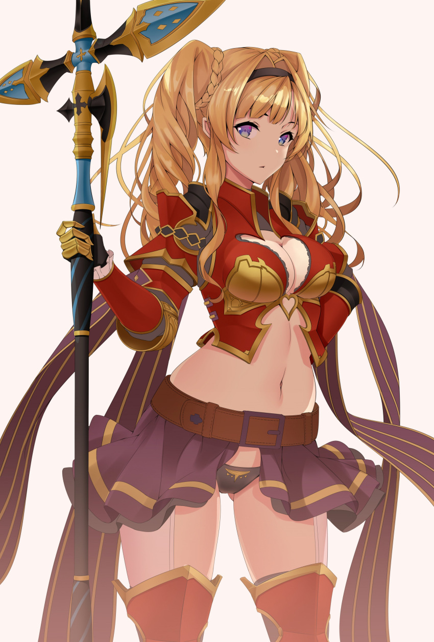 1girl absurdres bangs belt blonde_hair blue_eyes braid breasts cleavage commentary_request gloves granblue_fantasy hair_intakes hairband highres koyaya large_breasts navel panties parted_lips pink_background polearm purple_skirt red_armor ribbon simple_background skirt solo spear thigh-highs twintails underwear weapon zeta_(granblue_fantasy)