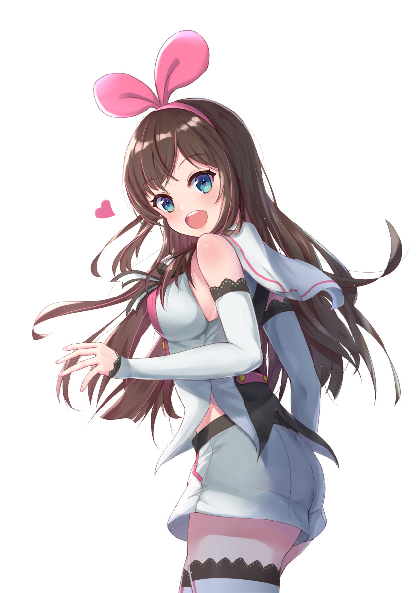 1girl :d a.i._channel absurdres blue_eyes blush breasts brown_hair commentary_request cowboy_shot detached_sleeves hair_ribbon hairband heart highres kizuna_ai long_hair long_sleeves looking_at_viewer looking_to_the_side medium_breasts multicolored_hair open_mouth pink_hair pink_hairband pink_ribbon ribbon shirt short_shorts shorts simple_background sleeveless sleeveless_shirt sleeves_past_wrists smile solo streaked_hair thigh-highs upper_teeth very_long_hair virtual_youtuber wang_man white_background white_legwear white_shirt white_shorts white_sleeves