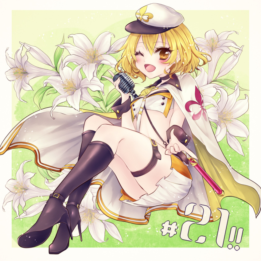 ;d bad_hand belt black_footwear blonde_hair boots breasts brown_eyes cape capelet cloak fleur_de_lis flower_knight_girl full_body green_background hat high_heel_boots high_heels highres knee_boots leg_belt looking_at_viewer microphone midriff nako_(7cona5) one_eye_closed open_mouth short_hair sitting small_breasts smile white_cape white_hat wrist_cuffs yuri_(flower_knight_girl)