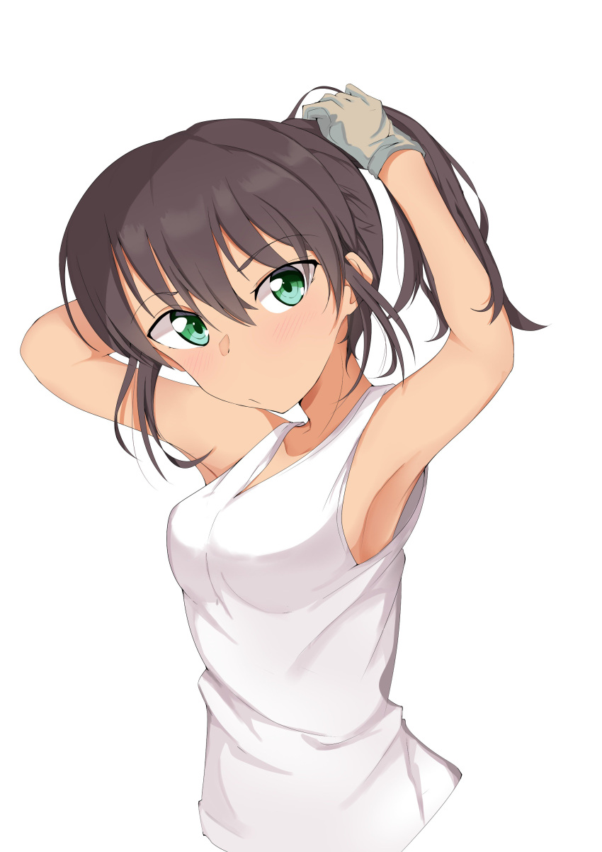 1girl absurdres adjusting_hair alternate_hairstyle antyobi0720 armpits arms_behind_head arms_up bangs blush breasts brown_hair closed_mouth cropped_torso dark_skin eyebrows_visible_through_hair frown girls_und_panzer gloves green_eyes grey_gloves hair_up head_tilt highres hoshino_(girls_und_panzer) looking_at_viewer mechanic medium_breasts shirt short_hair short_ponytail simple_background solo tank_top upper_body white_background white_shirt