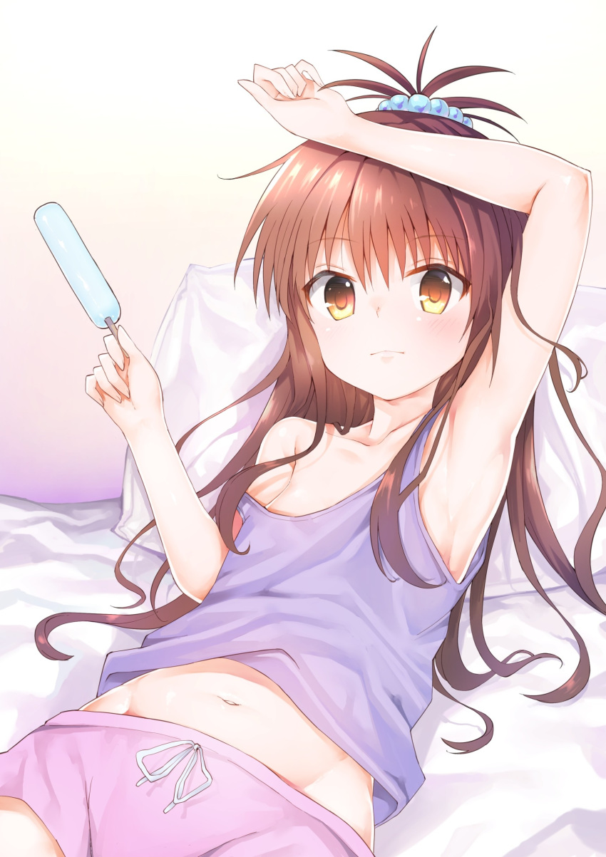 1girl absurdres arm_on_head arm_up armpits beads bed breasts brown_eyes brown_hair food hair_beads hair_ornament highres kerun long_hair lying midriff navel on_back pillow pink_shorts popsicle purple_tank_top short_shorts shorts small_breasts solo strap_slip tank_top to_love-ru to_love-ru_darkness topknot upper_body yuuki_mikan