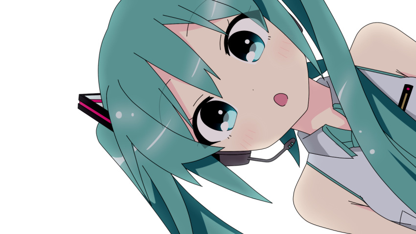 1girl alpha_transparency aqua_eyes aqua_hair bad_source bare_shoulders close-up hair_ornament hatsune_miku headset lamazep leaning_to_the_side light_blush long_hair looking_at_viewer necktie open_mouth shirt sleeveless sleeveless_shirt solo upper_body vocaloid