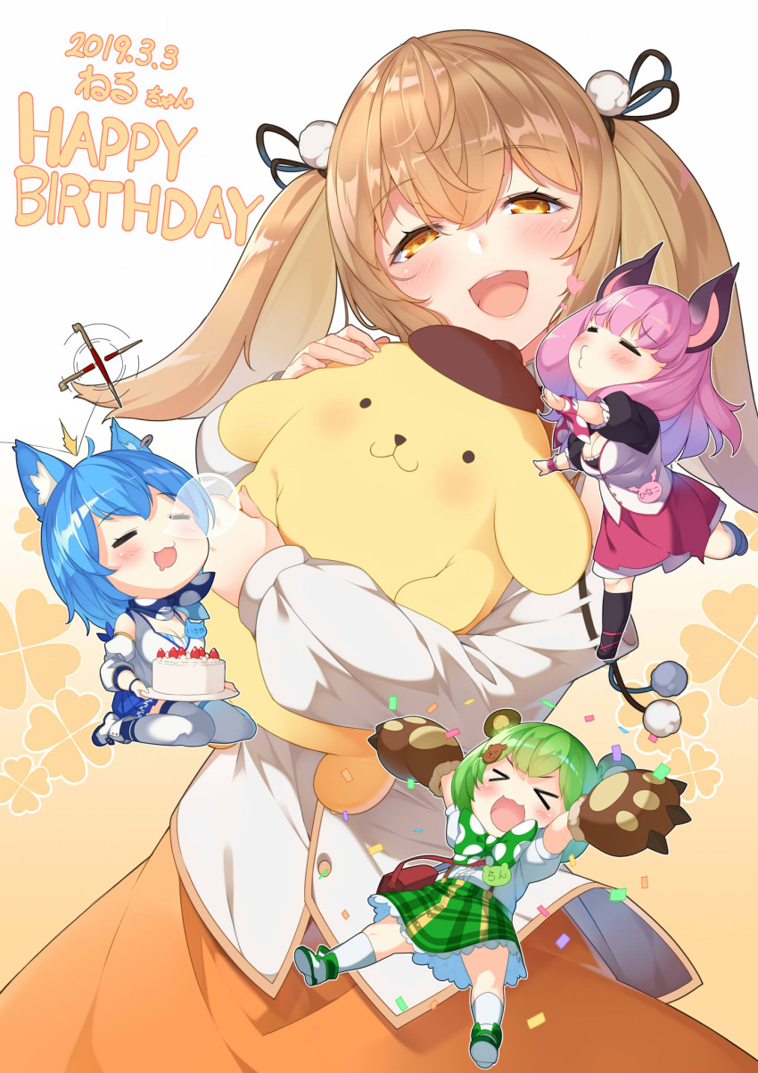 &gt;_&lt; 4girls :d afterimage animal_ear_fluff animal_ears animare arms_up bag bangs bear_ears bear_hair_ornament black_footwear black_legwear black_ribbon blue_hair blue_skirt blush boots bow breasts brown_eyes brown_hat cake center_frills chibi cleavage closed_eyes commentary_request confetti dated ear_piercing eyebrows_visible_through_hair food frills fruit gloves green_bow green_hair green_skirt hair_between_eyes hair_ornament hair_ribbon half-closed_eyes happy_birthday hat head_tilt heart highres hinokuma_ran holding holding_plate inaba_haneru_(animare) kiseru kneehighs kokka_han large_breasts light_brown_hair long_hair multiple_girls nose_bubble object_hug open_mouth orange_skirt paw_gloves paws piercing pink_hair pipe plaid plaid_skirt plate pleated_skirt polka_dot polka_dot_bow puffy_short_sleeves puffy_sleeves red_skirt ribbon shirt short_sleeves shoulder_bag sitting skirt sleeping sleeveless sleeveless_shirt smile souya_ichika strawberry stuffed_animal stuffed_dog stuffed_toy suspender_skirt suspenders thigh-highs twintails umori_hinako v-shaped_eyebrows virtual_youtuber wariza white_footwear white_legwear white_shirt xd