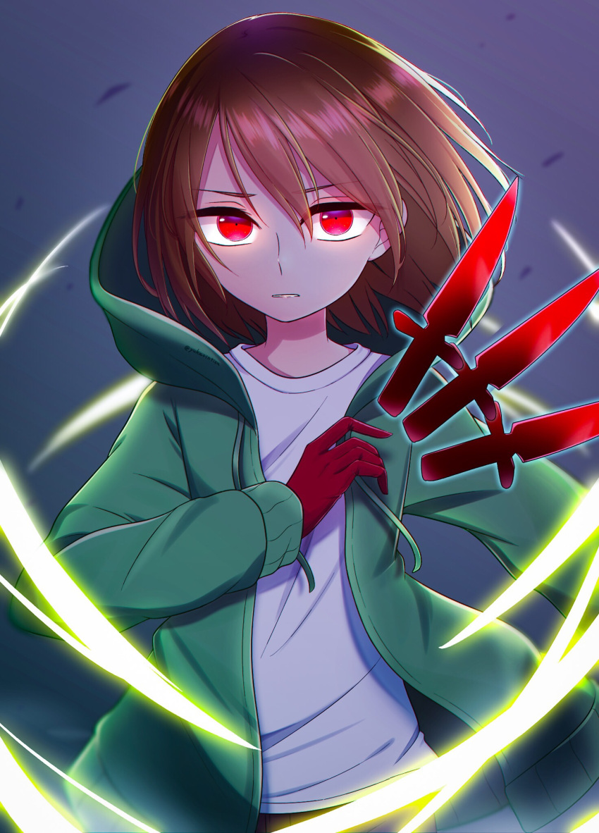 1other artist_request brown_hair chara_(undertale) commentary_request eyebrows_visible_through_hair eyelashes gloves green_hoodie highres hood hoodie knife long_sleeves looking_at_viewer magic open_clothes open_hoodie red_eyes red_gloves shirt short_hair solo storyshift undertale white_shirt