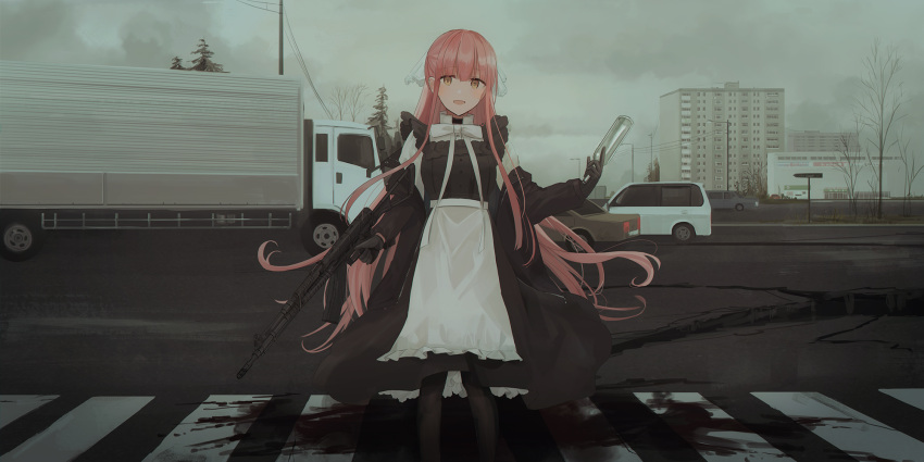 1girl :d apartment apron bangs black_dress black_gloves black_jacket black_legwear blood bottle brown_eyes building car chihuri clouds cloudy_sky commentary_request dress eyebrows_visible_through_hair frilled_apron frills gloves ground_vehicle gun hair_between_eyes hair_ribbon highres holding holding_bottle holding_gun holding_weapon jacket long_hair long_sleeves looking_at_viewer motor_vehicle off_shoulder open_clothes open_jacket open_mouth original outdoors overcast pantyhose pink_hair power_lines ribbon road_sign shirt sign sky sleeveless sleeveless_dress smile solo telephone_pole tree truck very_long_hair waist_apron weapon weapon_request white_apron white_ribbon white_shirt