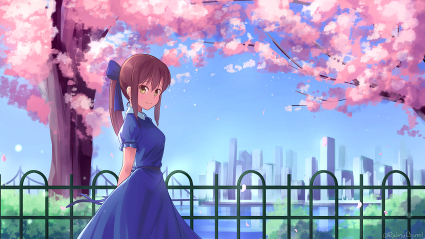 1girl arms_behind_back breasts bridge city closed_mouth copyright_request gate highres limebarrel long_hair looking_at_viewer solo tree