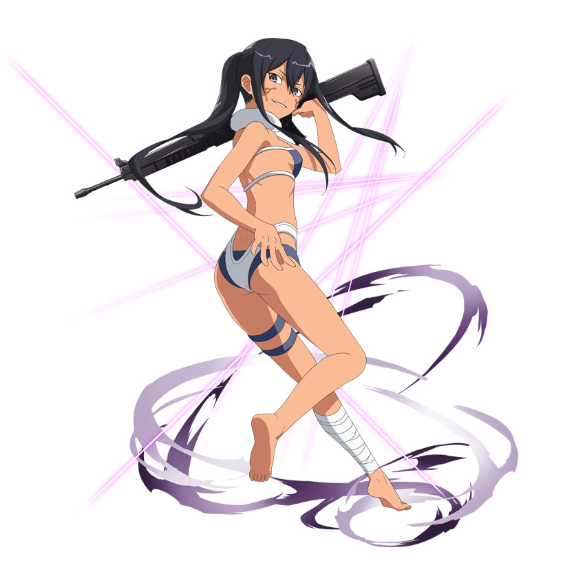 1girl ass bandage barefoot bikini black_hair blue_bikini breasts dark_skin facial_mark floating_hair full_body grey_eyes grin gun hair_between_eyes highres holding holding_gun holding_weapon leg_up long_hair looking_at_viewer official_art pitohui_(sao) ponytail shiny shiny_hair sideboob sidelocks small_breasts smile soles solo standing standing_on_one_leg swimsuit sword_art_online transparent_background weapon