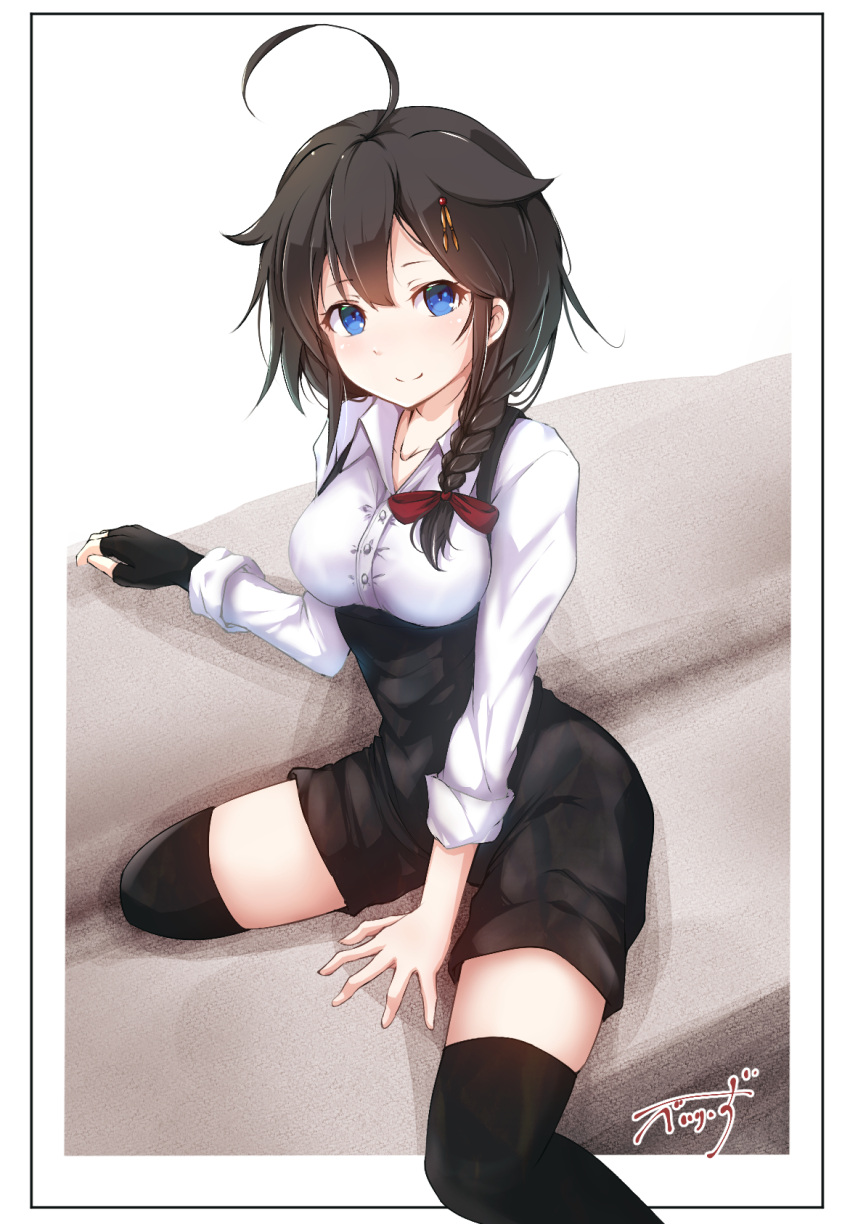 1girl ahoge baileys_(tranquillity650) bangs black_gloves black_hair black_legwear black_shorts blue_eyes blush border braid breasts casual collarbone collared_shirt commentary couch fingerless_gloves foot_out_of_frame gloves hair_between_eyes hair_flaps hair_ornament hair_over_shoulder hair_ribbon high-waist_shorts highres kantai_collection long_hair looking_at_viewer medium_breasts meme_attire outside_border red_ribbon remodel_(kantai_collection) ribbon shigure_(kantai_collection) shirt shorts sidelocks signature single_braid single_fingerless_glove sitting sleeves_rolled_up smile solo suspenders thigh-highs virgin_killer_outfit white_shirt