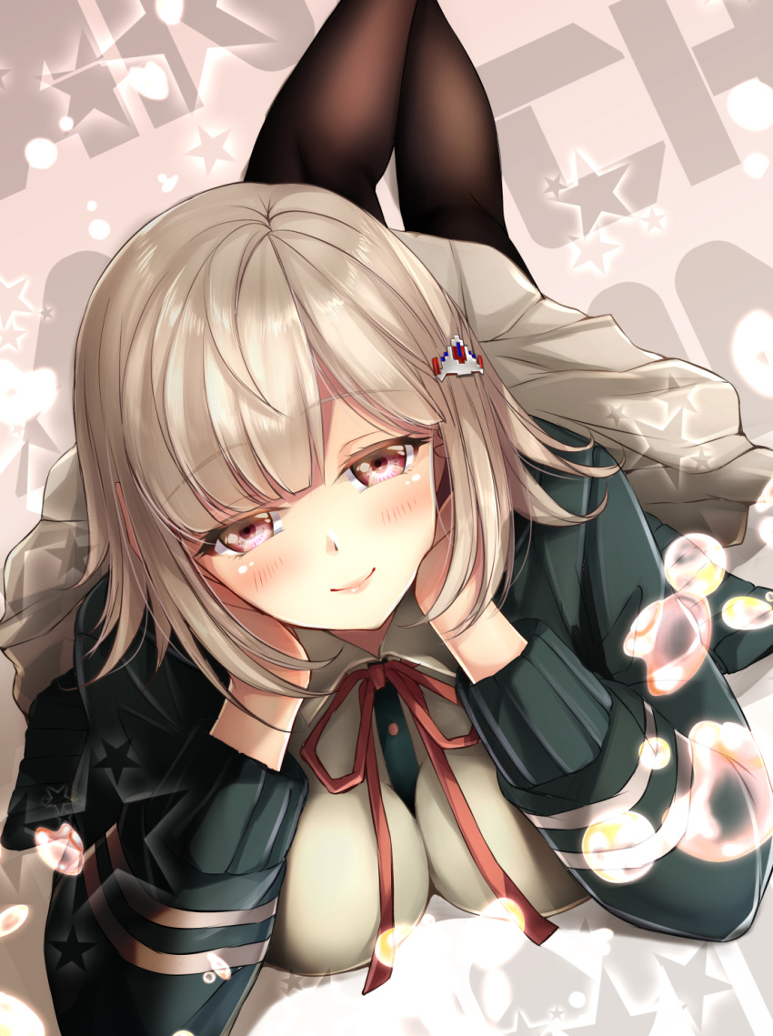 1girl beige_skirt black_jacket black_legwear blush breasts commentary_request dangan_ronpa eyebrows_visible_through_hair flipped_hair hair_ornament hairclip highres hood hoodie jacket large_breasts legs_up light_brown_hair looking_at_viewer lying mia_(gute-nacht-07) nanami_chiaki on_ground on_stomach pink_eyes red_jacket red_neckwear red_ribbon ribbon shirt short_hair skirt smile solo super_dangan_ronpa_2 thigh-highs white_shirt