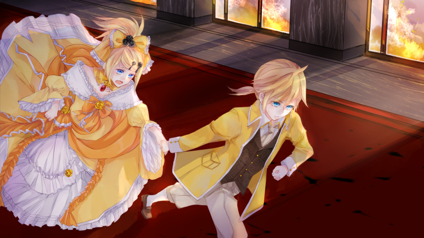1boy 1girl aku_no_meshitsukai_(vocaloid) allen_avadonia ascot beige_pants black_flower black_rose blazer blonde_hair blue_eyes bow brother_and_sister choker collarbone dress evillious_nendaiki fire fleeing flower frilled_dress frilled_sleeves frills hair_bow hair_ornament hair_ribbon hairclip hallway hand_grab hand_holding highres jacket jewelry juliet_sleeves kagamine_len kagamine_rin long_hair long_sleeves open_mouth puffy_dress puffy_long_sleeves puffy_sleeves ribbon riliane_lucifen_d'autriche rose running scared serious shirt short_ponytail shorts siblings skirt_hold twins updo vocaloid wide_sleeves window window_shade yellow_bow yellow_dress yellow_jacket