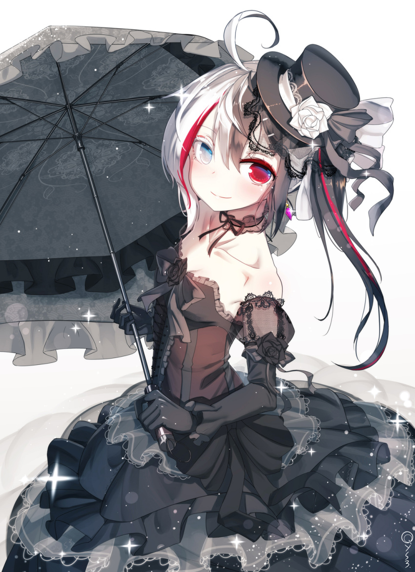 1girl ahoge bai_yemeng bare_shoulders black_dress black_gloves black_hair black_hat blush bow closed_mouth collarbone colored_eyelashes dress elbow_gloves flower frilled_umbrella gloves gothic_lolita gradient gradient_background grey_background grey_eyes grey_umbrella hat hat_flower heterochromia highres holding holding_umbrella lolita_fashion long_hair mini_hat mini_top_hat multicolored_hair original red_eyes redhead revision rose smile solo strapless strapless_dress streaked_hair tilted_headwear top_hat umbrella white_background white_bow white_flower white_hair white_rose