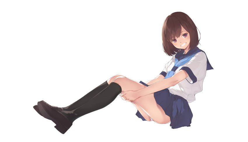 1girl absurdres ass bangs black_legwear blue_neckwear brown_footwear brown_hair fei_mao from_side full_body grin highres leg_hug loafers looking_at_viewer miniskirt navy_blue_sailor_collar navy_blue_skirt neckerchief original panties pantyshot pantyshot_(sitting) pleated_skirt sailor_collar school_uniform serafuku shirt shoes short_sleeves simple_background sitting skirt smile underwear violet_eyes white_background white_panties white_shirt