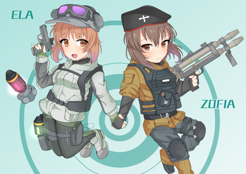 2girls :d absurdres ankle_boots antyobi0720 bangs beret black_gloves black_hat black_legwear black_pants body_armor boots brown_eyes brown_hair brown_jacket character_name closed_mouth commentary_request ela_(rainbow_six_siege) emblem eyebrows_visible_through_hair fingerless_gloves girls_und_panzer gloves goggles goggles_on_headwear green_background green_gloves grey_footwear grey_hat grey_jacket grey_shorts gun hand_holding handgun harness hat headphones highres holding holding_gun holding_weapon holster hood hoodie jacket jumping knee_pads legwear_under_shorts light_blush long_sleeves looking_at_viewer military_hat multiple_girls nishizumi_maho nishizumi_miho open_mouth pants pantyhose partial_commentary pinky_out rainbow_six_siege short_hair short_shorts shorts siblings sisters smile standing target thigh_holster trigger_discipline weapon weapon_request zofia_(rainbow_six_siege)