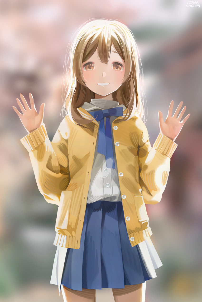 1girl bangs blue_neckwear blurry blurry_background brown_hair hands_up highres kunikida_hanamaru long_hair long_sleeves looking_at_viewer love_live! love_live!_sunshine!! megumi_cv necktie pleated_skirt shirt signature skirt smile solo sweater white_shirt yellow_eyes yellow_sweater